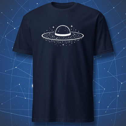 White space-aesthetic Sombrero Galaxy graphic on navy astronomy shirt