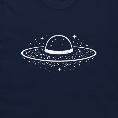 A close-up of a white space-aesthetic Sombrero Galaxy graphic on navy astronomy shirt