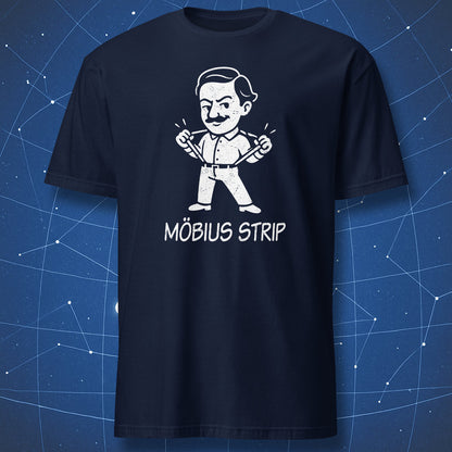 Navy t-shirt with white cartoon Möbius strip suspenders graphic and the text ‘Möbius Strip.’ Math humor shirt.