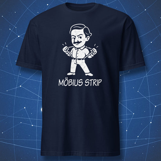 Navy t-shirt with white cartoon Möbius strip suspenders graphic and the text ‘Möbius Strip.’ Math humor shirt.