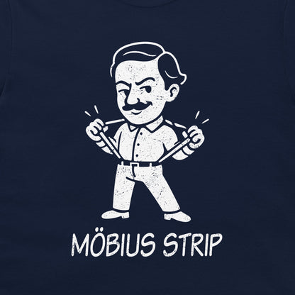 A close-up of a navy blue t-shirt, featuring a white distressed graphic of a cartoon man pulling his suspenders, with the text 'MÖBIUS STRIP' printed below.
