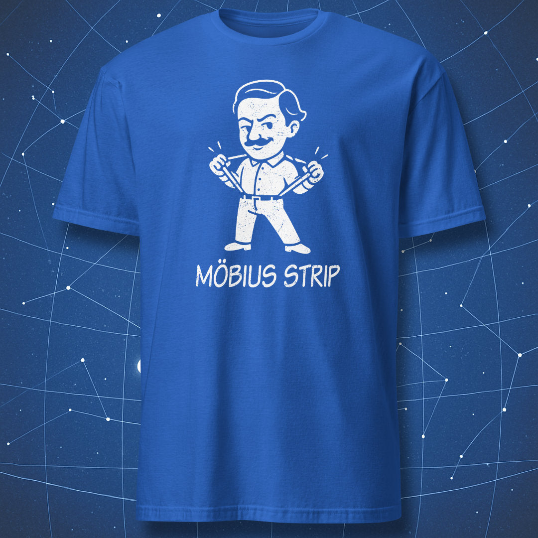 Royal blue t-shirt featuring cartoon August Möbius pulling suspenders, white print, with ‘Möbius Strip’ text.