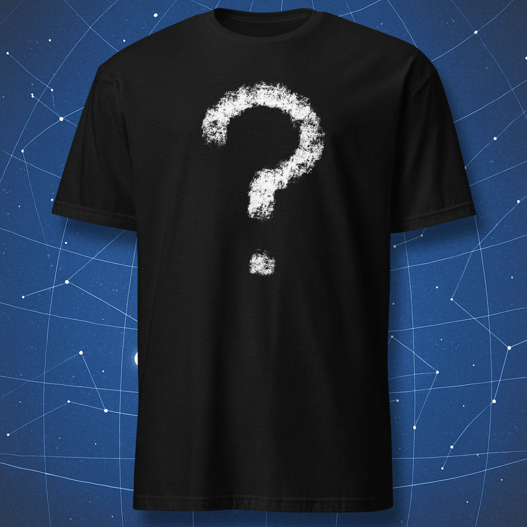 Minimalist white question mark graphic on black unisex T-shirt