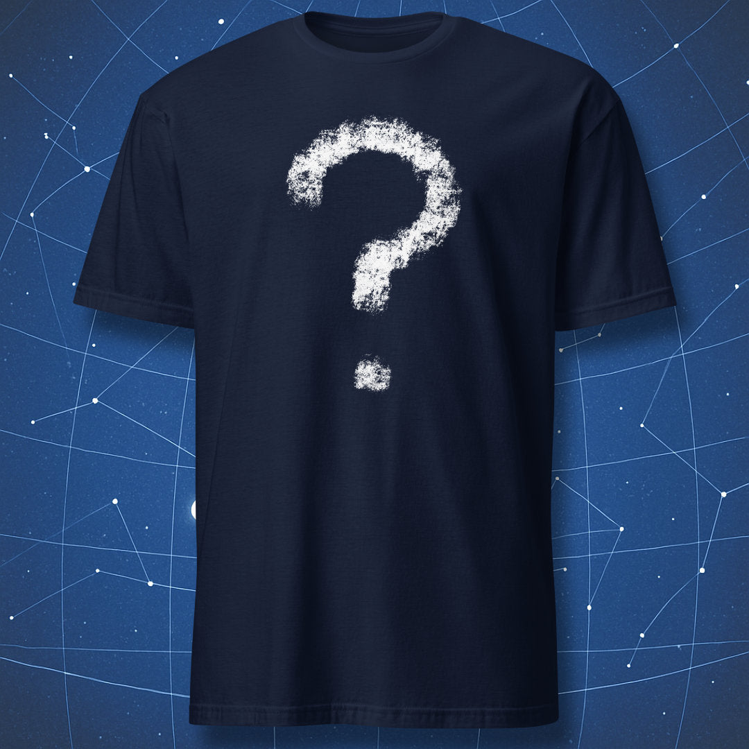 Minimalist question mark design printed in white on navy T-shirt