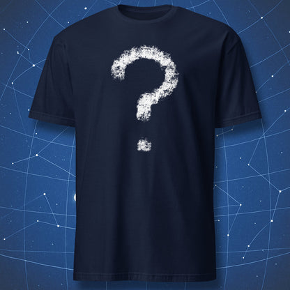 Minimalist question mark design printed in white on navy T-shirt