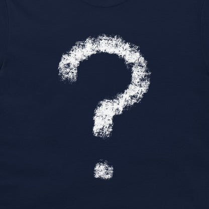 A close-up of a navy blue t-shirt, featuring a large white chalk-style question mark graphic on the chest.