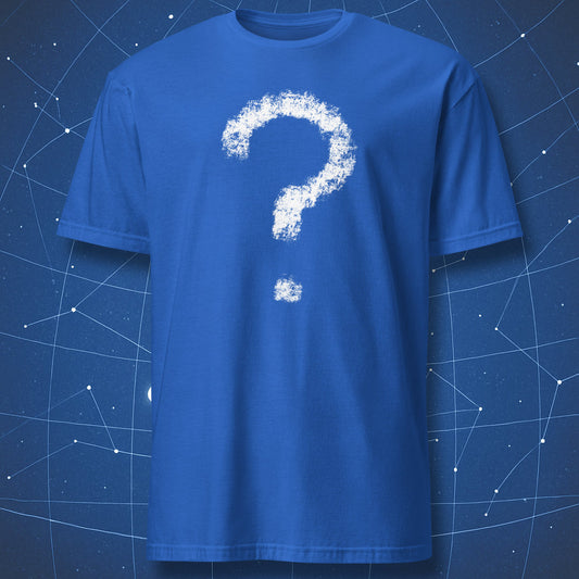 White textured question mark graphic on royal blue unisex shirt