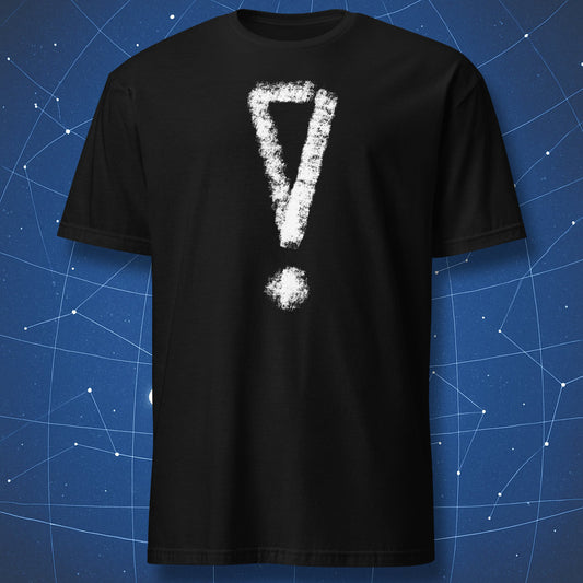 Black T-shirt with a large white distressed exclamation mark in chalk style.