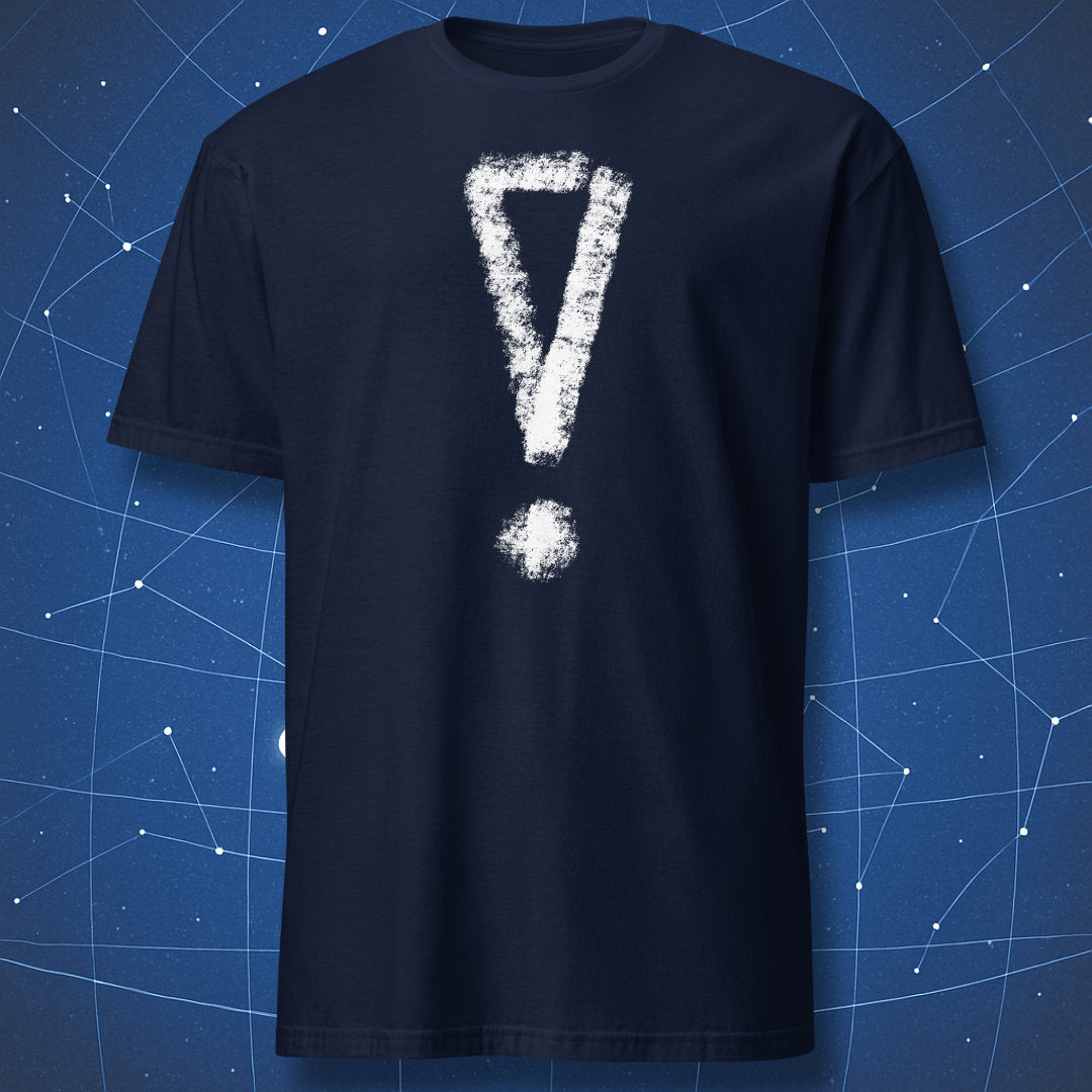 Navy T-shirt featuring a bold white distressed chalk-style exclamation mark.