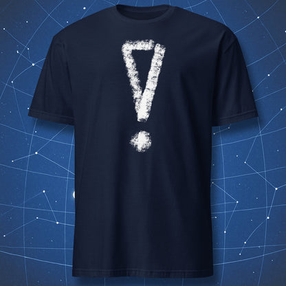 Navy T-shirt featuring a bold white distressed chalk-style exclamation mark.