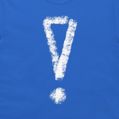A close-up of a bright blue t-shirt, featuring a large white chalk-style exclamation mark printed on the front.