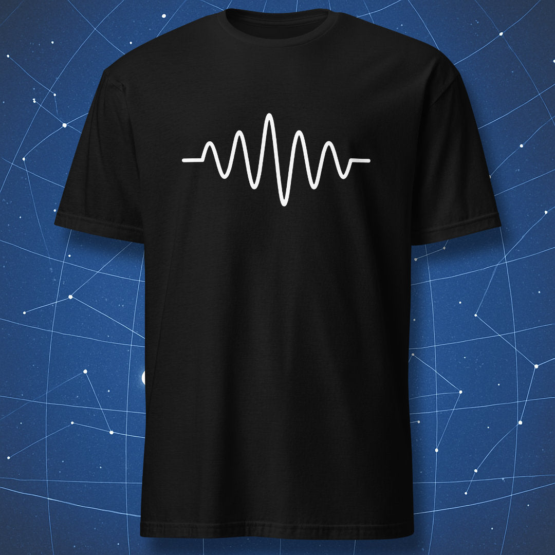 Minimalist white waveform line-art on black science T-shirt