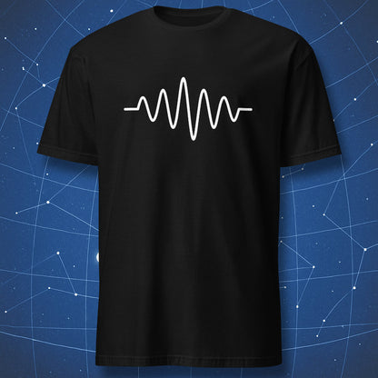 Minimalist white waveform line-art on black science T-shirt