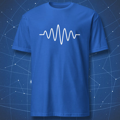 White minimalist waveform design on royal blue science tee