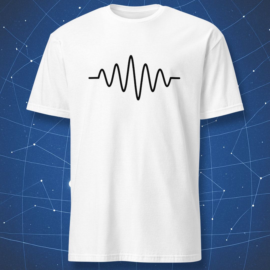 Black waveform line-art graphic on white physics T-shirt