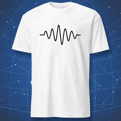 Black waveform line-art graphic on white physics T-shirt