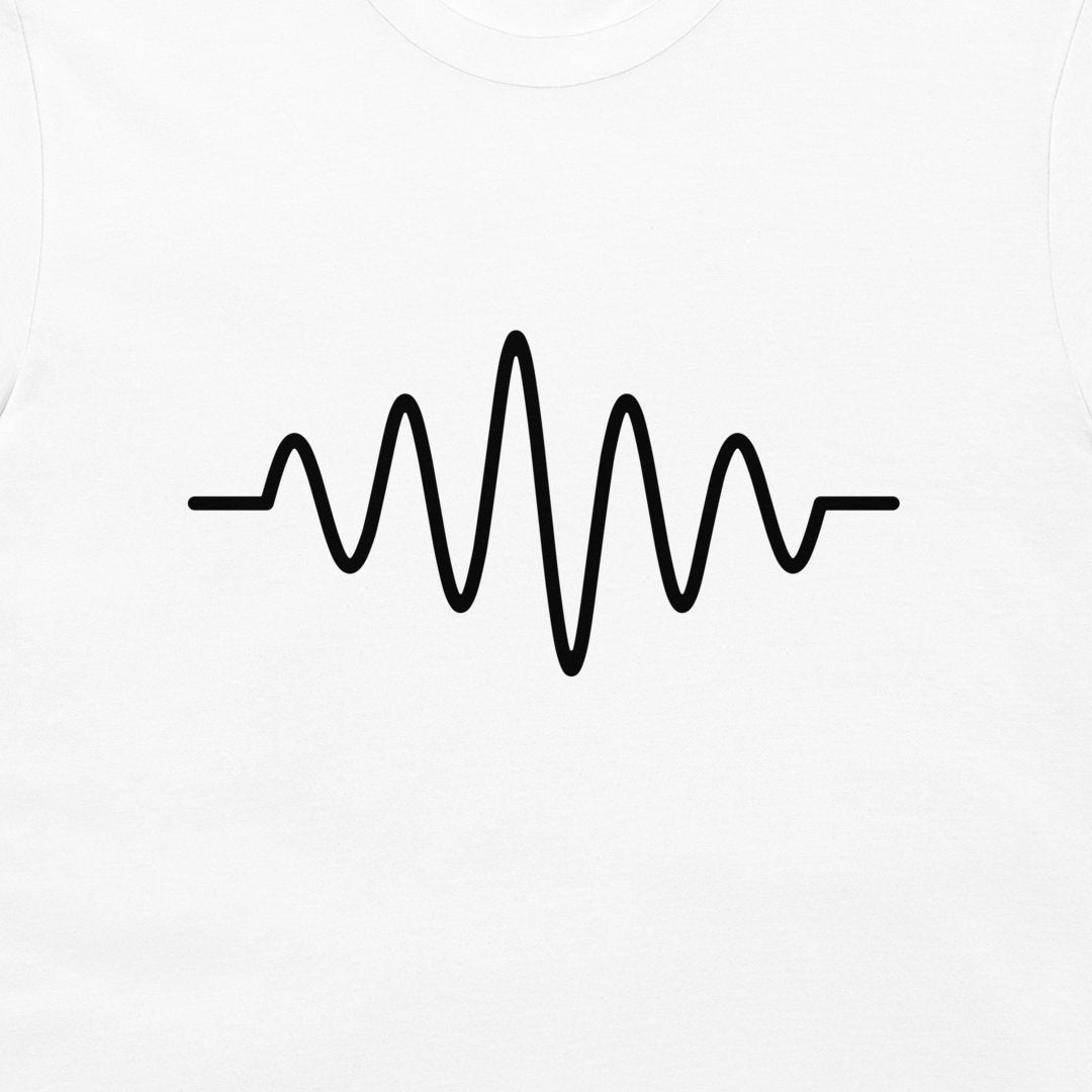 A close-up of a white garment, likely a t-shirt or tank top, featuring a black minimalist soundwave graphic printed across the chest.