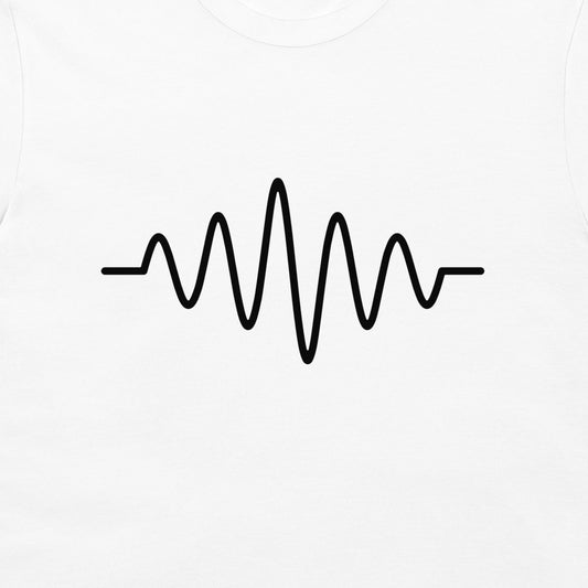 A close-up of a white garment, likely a t-shirt or tank top, featuring a black minimalist soundwave graphic printed across the chest.