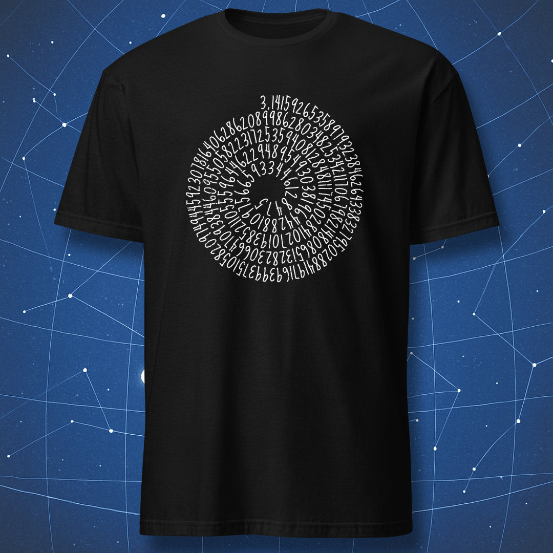 Black T-shirt with a white spiral made of handwritten digits of pi.