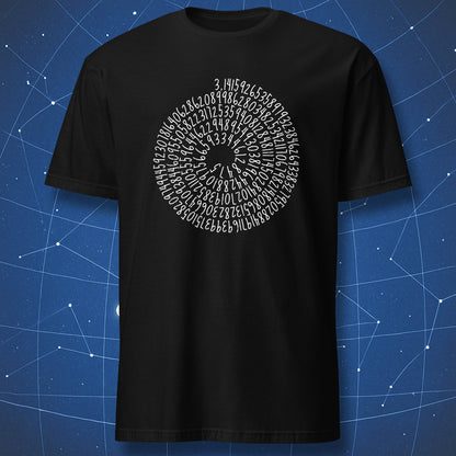 Black T-shirt with a white spiral made of handwritten digits of pi.