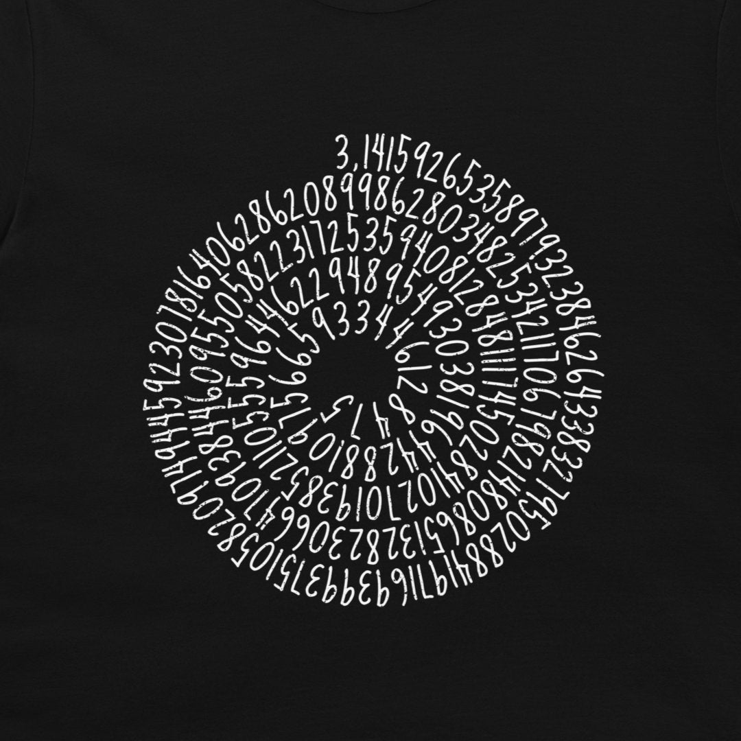 A close-up of a black garment, likely a t-shirt, featuring a white spiral graphic made of numerous small numbers arranged in a circular pattern.
