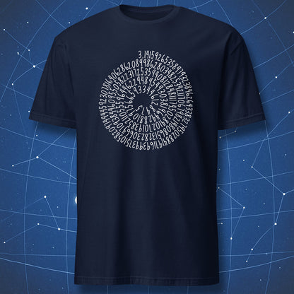Navy T-shirt featuring a circular spiral formed from the digits of pi.