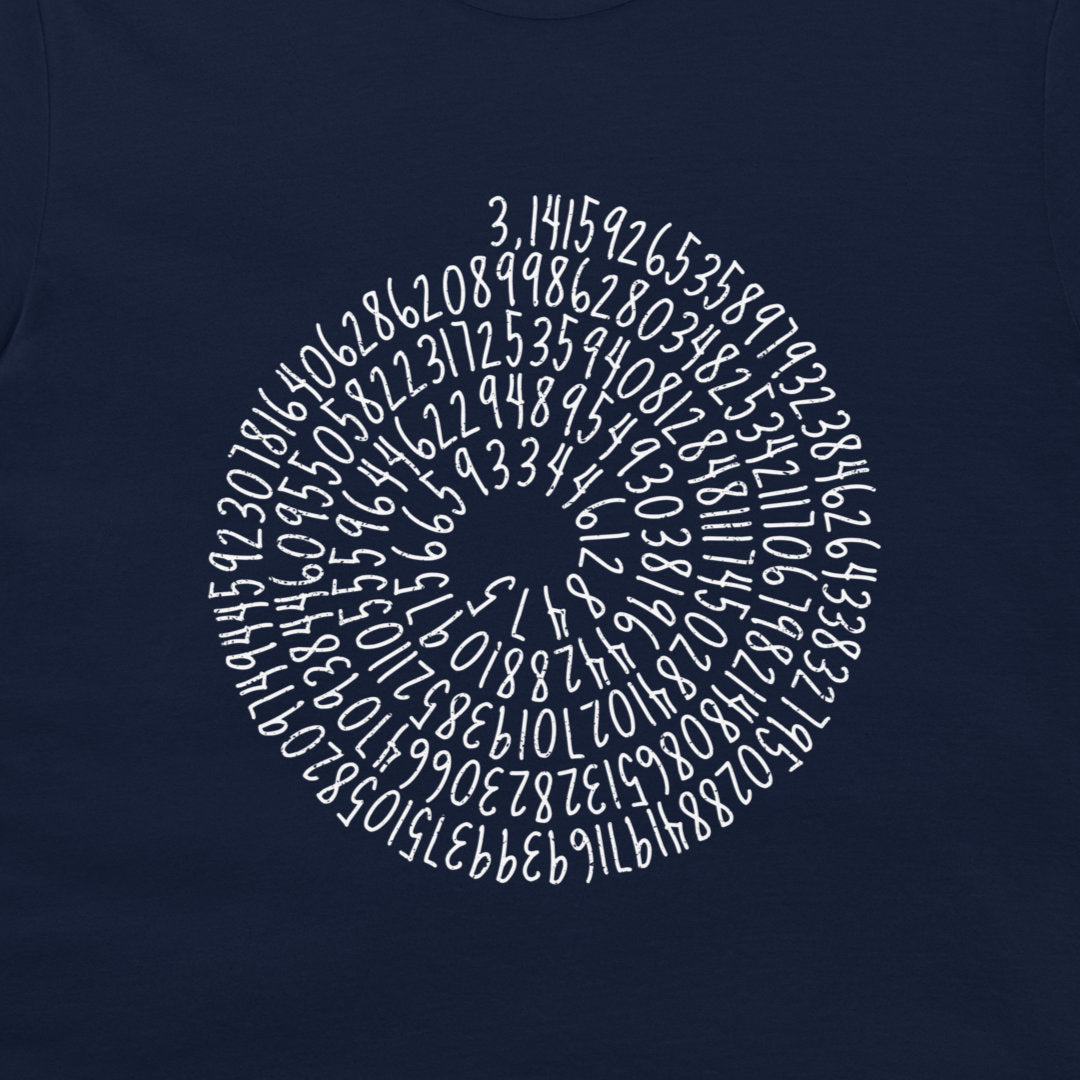 A close-up of a navy blue garment, likely a t-shirt, featuring a white spiral graphic made of handwritten numbers.