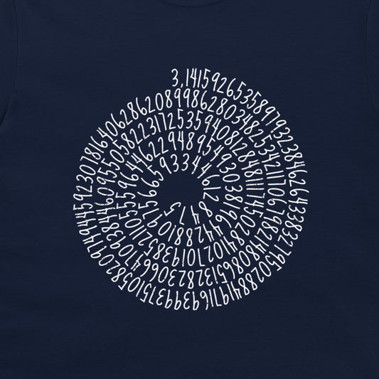 A close-up of a navy blue garment, likely a t-shirt, featuring a white spiral graphic made of handwritten numbers.