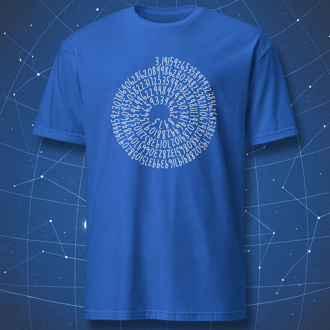 Royal blue T-shirt with a white pi digit spiral design.
