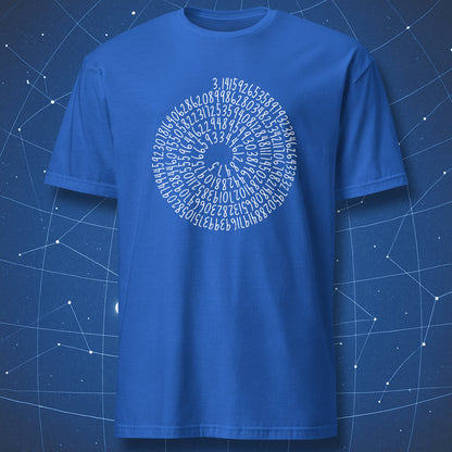 Royal blue T-shirt with a white pi digit spiral design.