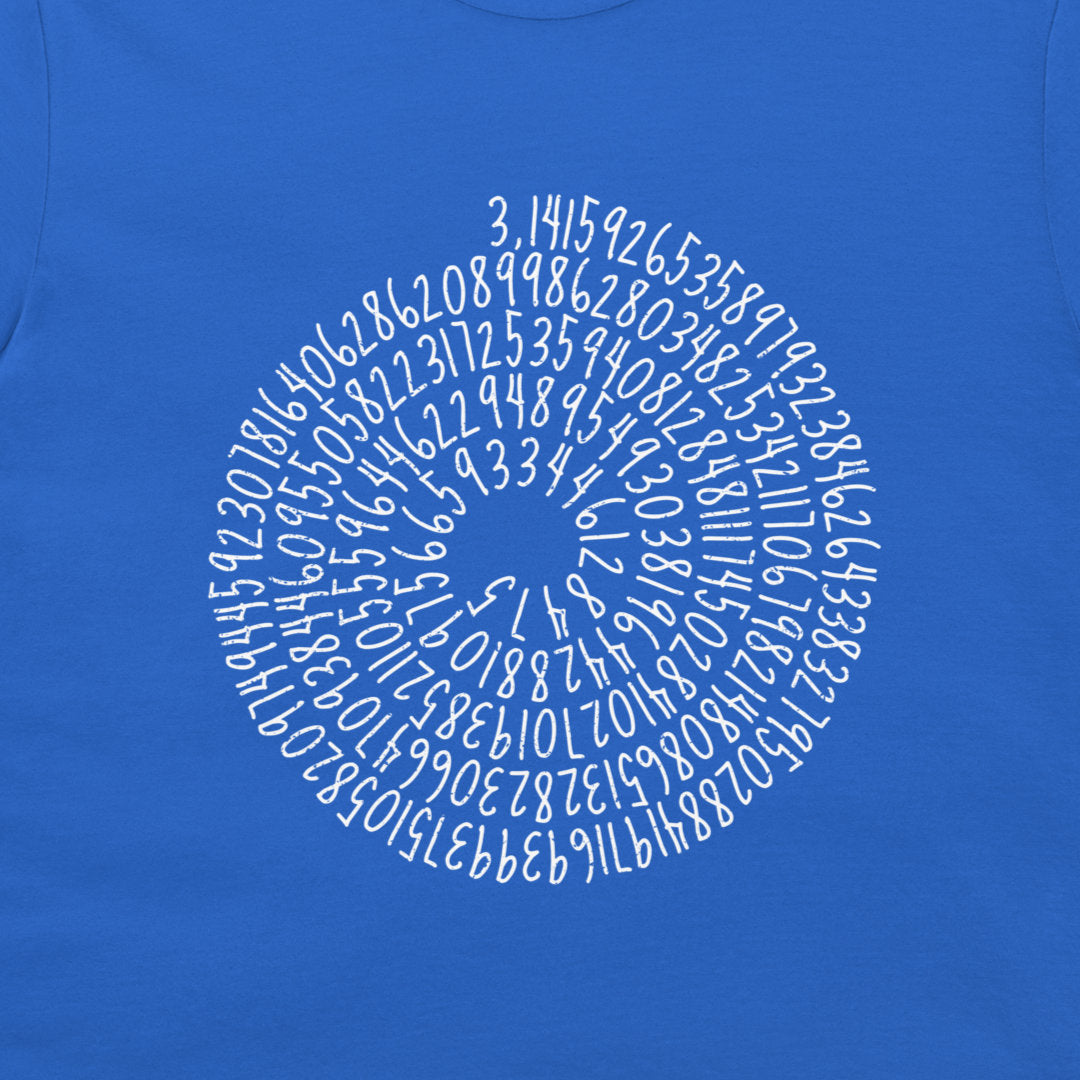 A close-up of a royal blue fabric surface featuring a circular white graphic made of many small numbers spiraling inward.