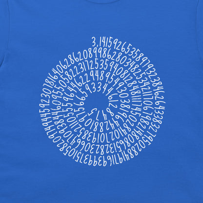 A close-up of a royal blue fabric surface featuring a circular white graphic made of many small numbers spiraling inward.