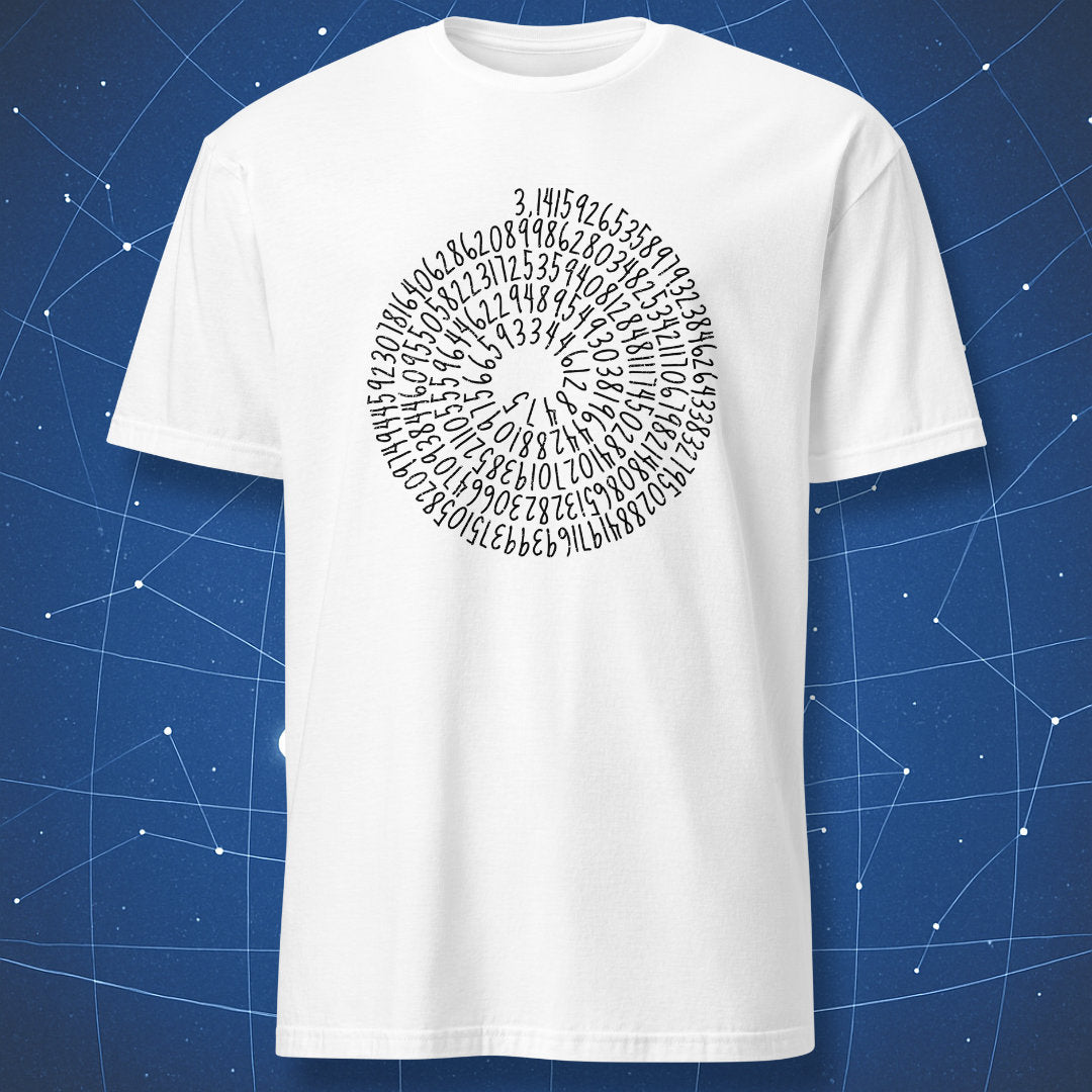 White T-shirt with a black spiral made from the digits of pi.