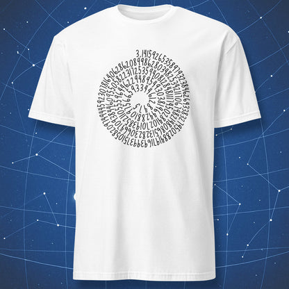 White T-shirt with a black spiral made from the digits of pi.