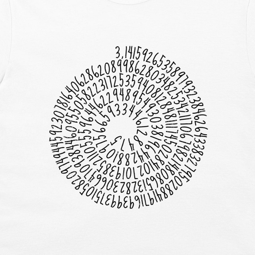 A white t-shirt featuring a black spiral graphic made of handwritten numbers, displayed on a clean white background.