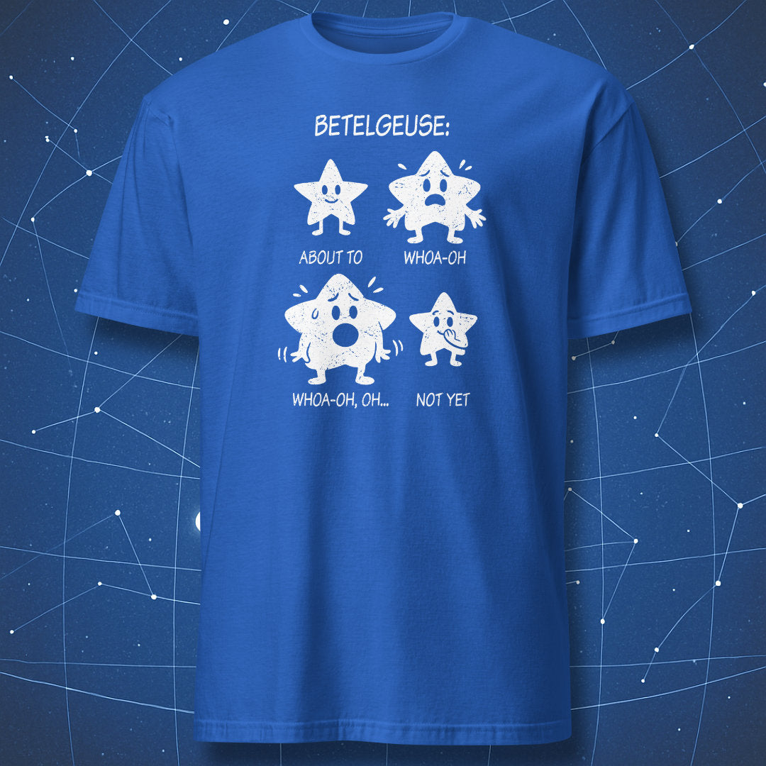 Cute Betelgeuse supernova stages graphic in white on royal blue astronomy T-shirt.