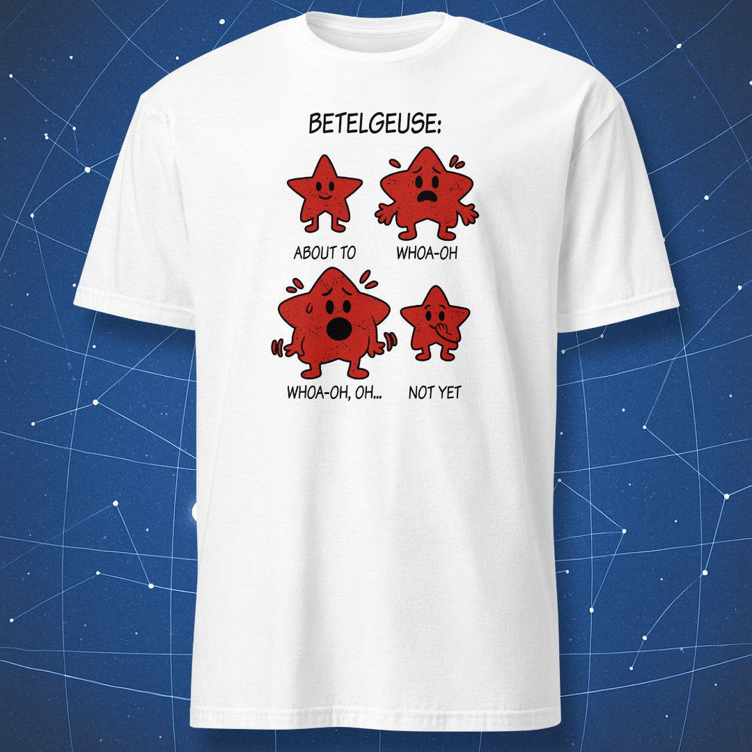 Red Betelgeuse cartoon stars showing four reaction stages on a white T-shirt.