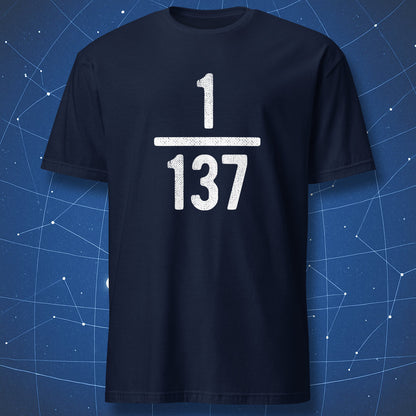 Navy T-shirt featuring white 1/137 alpha constant design with science humor.