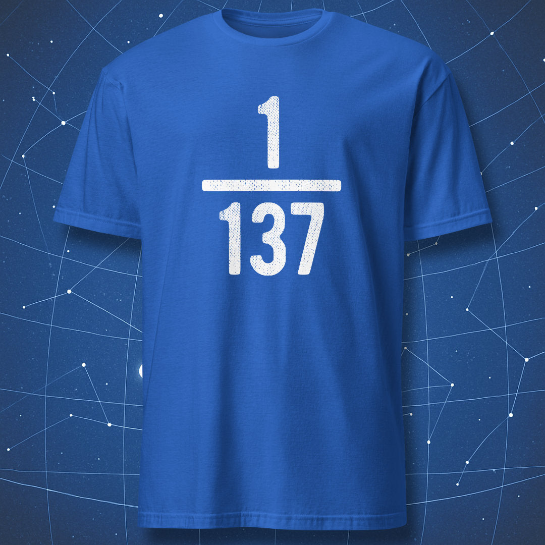 Royal blue T-shirt with minimalist white 1/137 alpha physics graphic.