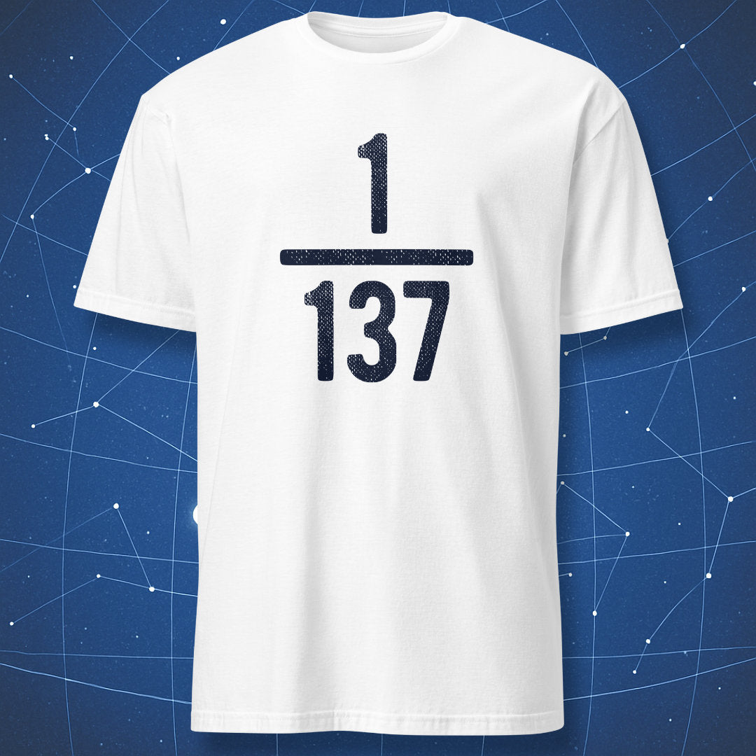 White T-shirt with navy 1/137 alpha constant design, subtle physics humor.