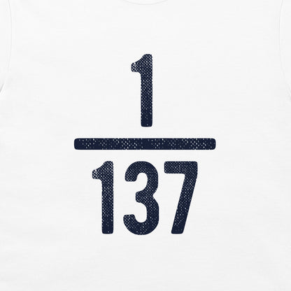 A close-up of a white tank top or t-shirt, featuring a dark navy blue graphic of the fraction 1/137 printed on the chest.