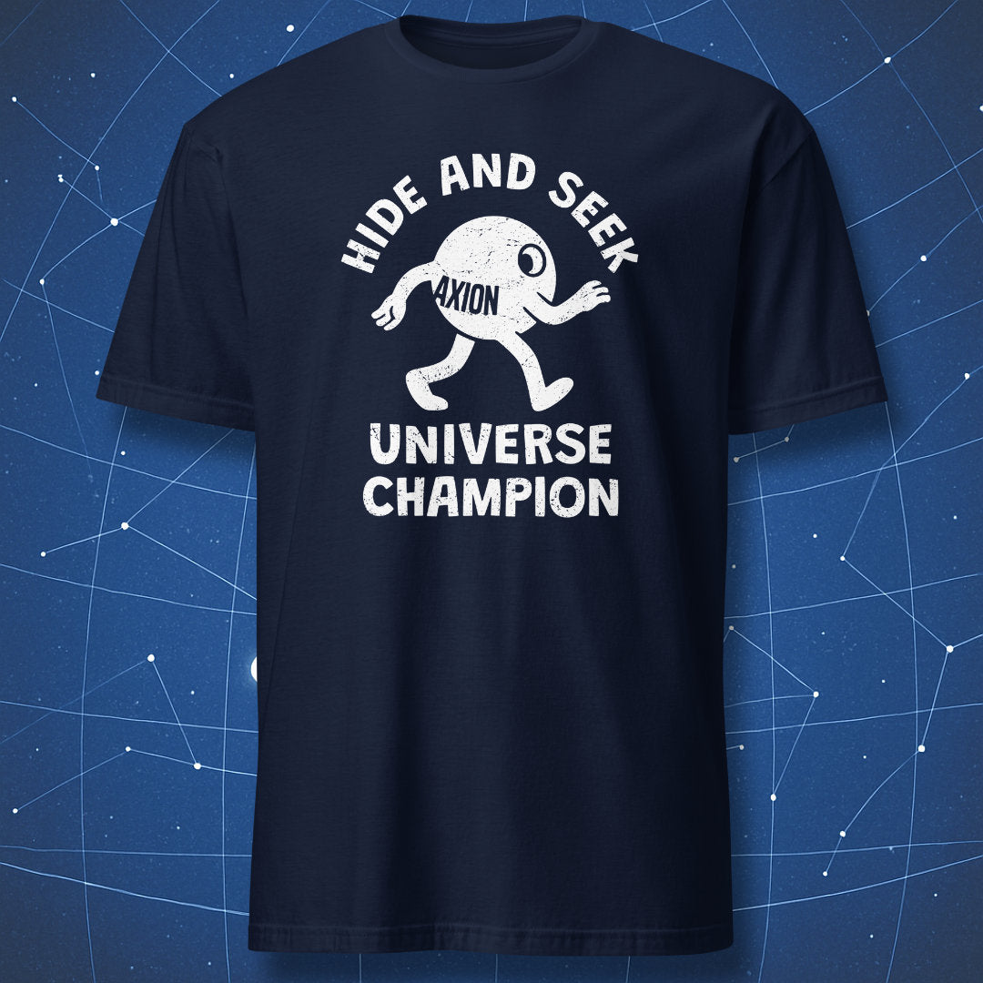 Navy t-shirt with a white “Hide and Seek Universe Champion” graphic showing a cartoon axion particle walking in a Bigfoot-style stride.