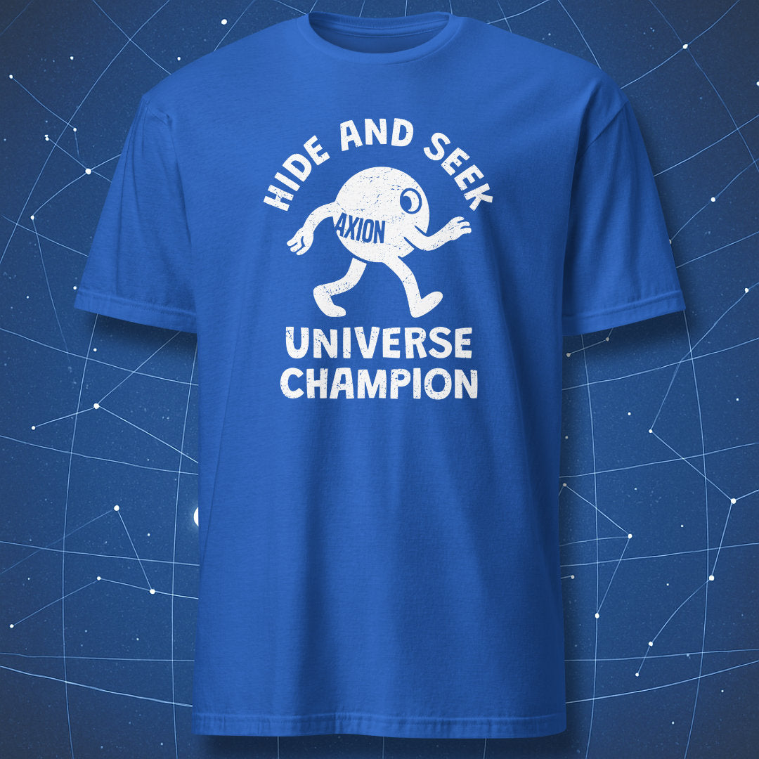 Royal blue t-shirt with a white “Hide and Seek Universe Champion” axion design of a cartoon particle in a Bigfoot-inspired walking pose.