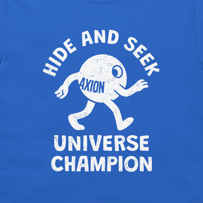 A close-up of a blue t-shirt featuring a white distressed graphic of a cartoon character with the text 'HIDE AND SEEK' above and 'UNIVERSE CHAMPION' below, with 'AXION' printed on the character.
