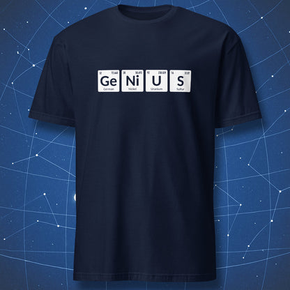 Navy blue T-shirt featuring Genius spelled with periodic table element cards.