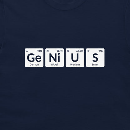 A close-up of a navy blue t-shirt featuring a graphic of four white periodic table tiles spelling out 'GENIUS' (German, Nickel, Uranium, Sulfur).