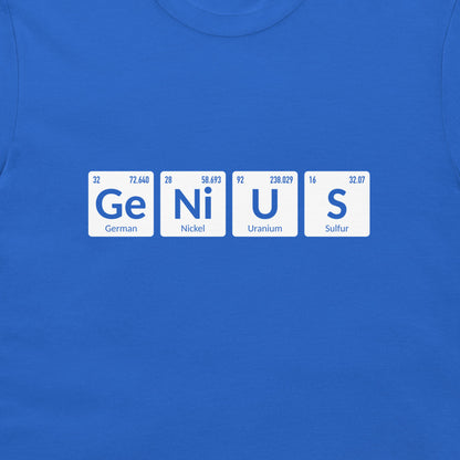 A close-up of a royal blue t-shirt featuring a graphic of four periodic table style tiles spelling out 'Genius' with German, Nickel, Uranium, and Sulfur elements.