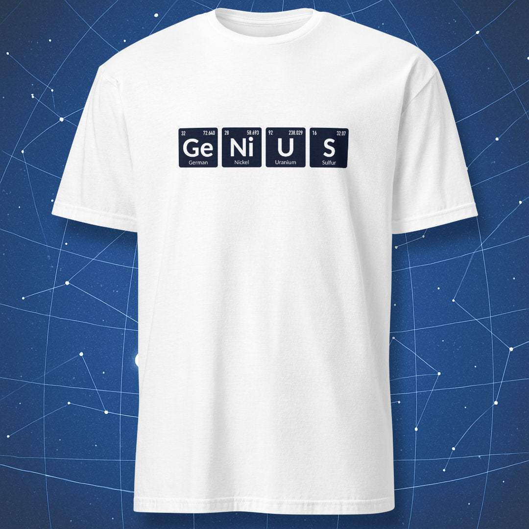 White T-shirt with Genius spelled out using periodic table element blocks.
