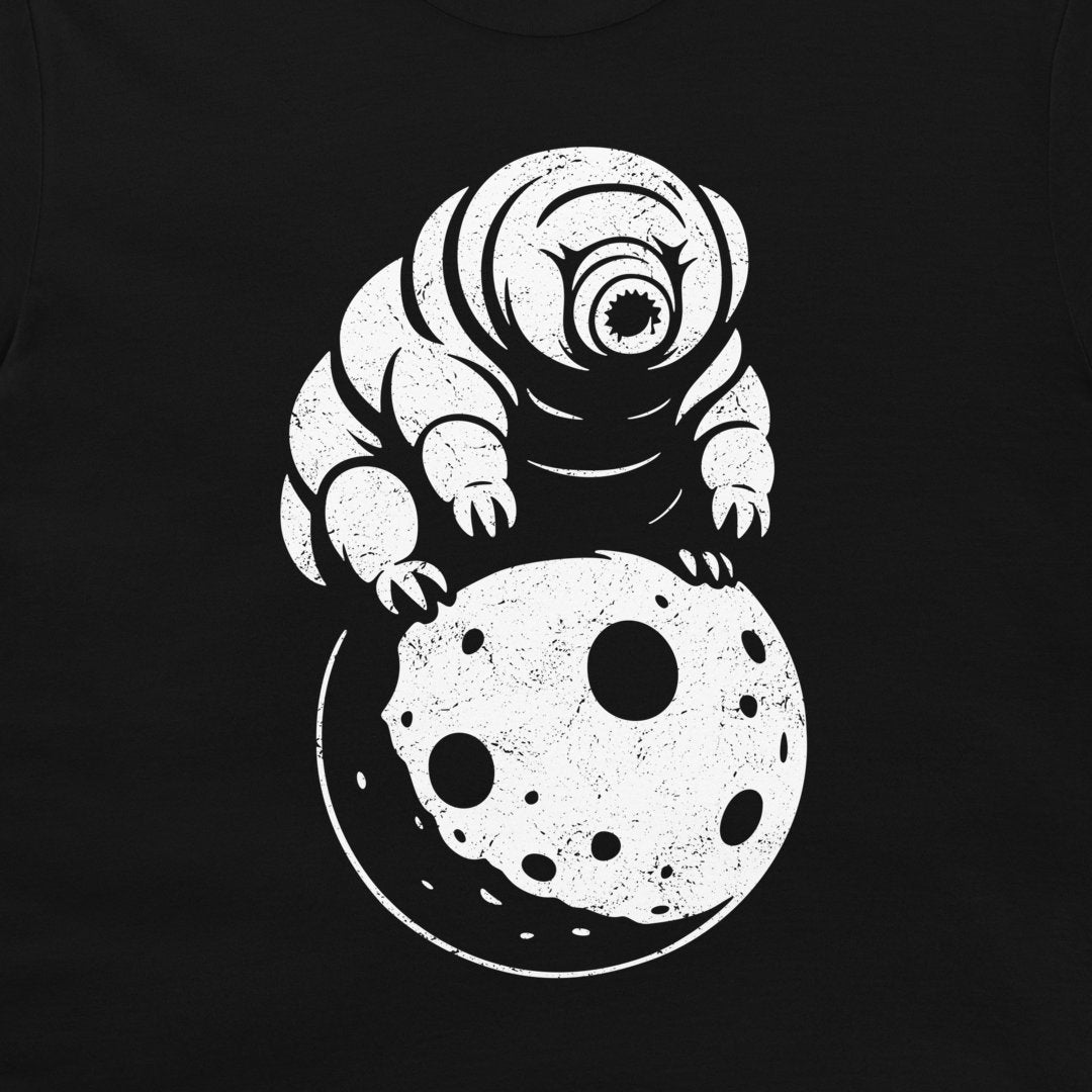 A black t-shirt featuring a distressed white graphic of a tardigrade sitting on a cratered moon.