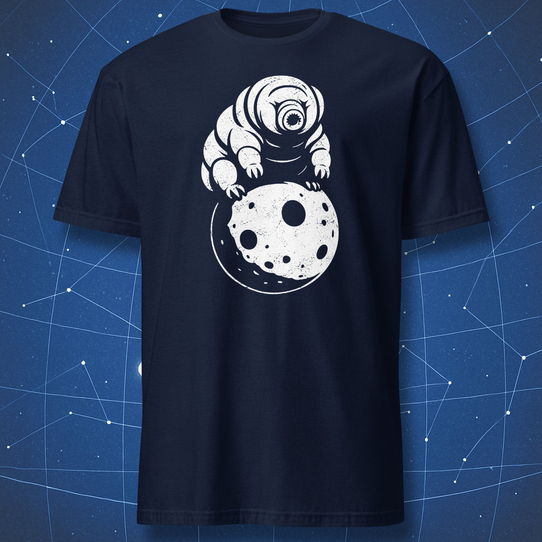 White tardigrade and moon graphic printed on a navy science-themed T-shirt.